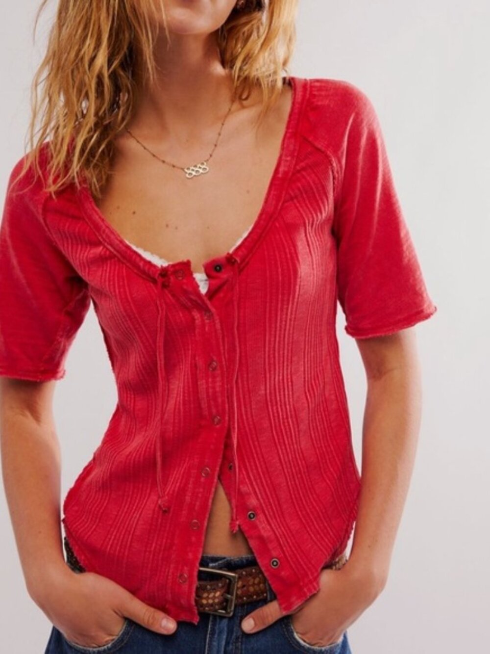 We The Free People Red Ribbed Button-front The Daisy Tee Sz Lg